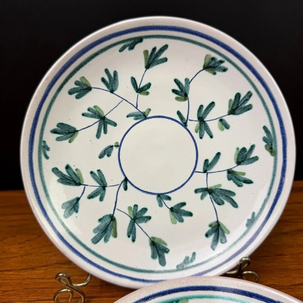 Laurine Plate Set Hand Painted Stoneware Signed Blue Green 7.75
